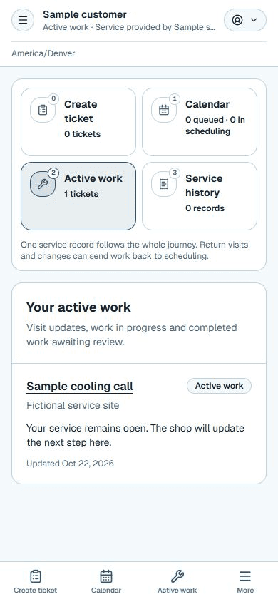 Actual ServiceInstall customer Active work component showing the same fictional sample cooling call and customer service stages