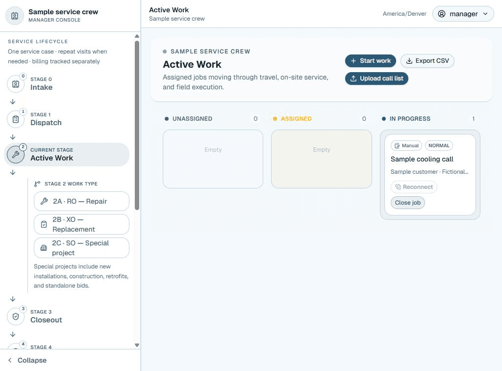 Actual ServiceInstall manager Active Work component showing a fictional sample cooling call in progress