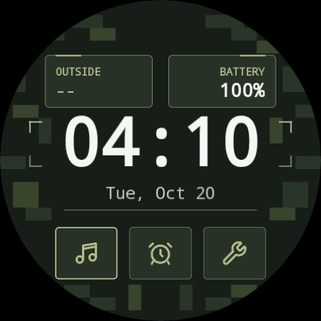 Actual Wear OS emulator capture previewing the Digital Ice woodland palette, with olive accents and a large digital clock