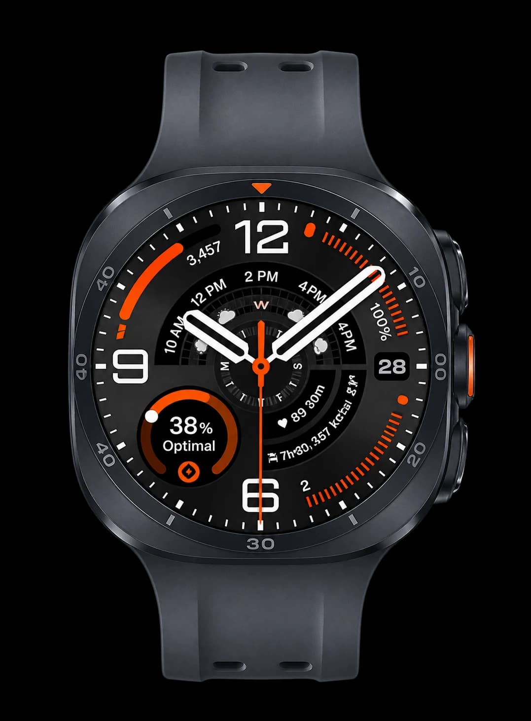 Front view of the Titanium Gray Galaxy Watch Ultra2 with a dark band