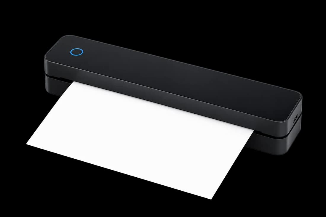 Illustration based on the black iDPRT MT610 printer, with a clean sheet of paper