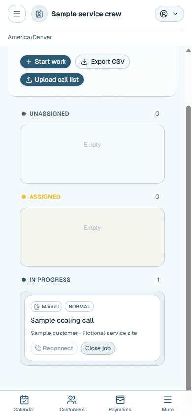 Actual responsive ServiceInstall Manager web workspace with fictional sample records